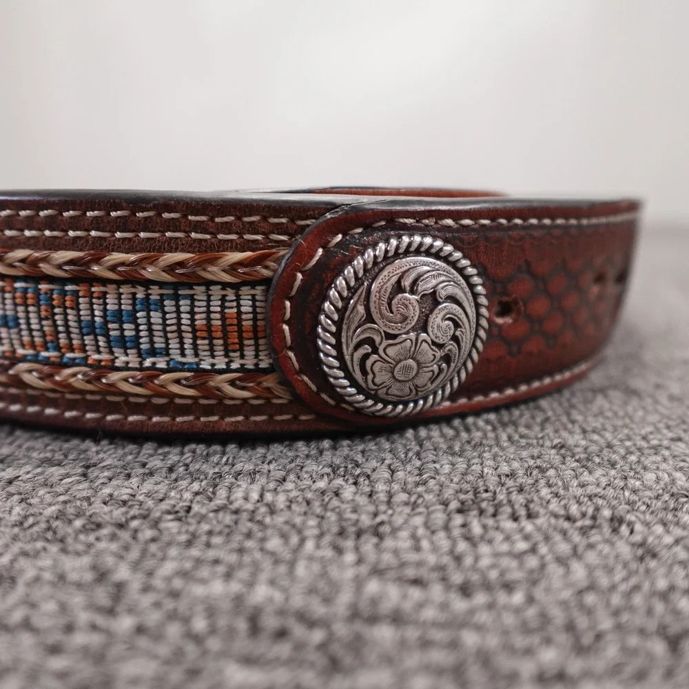 Ariat Belt Mens 42 Brown Leather Beaded Western Concho Geometric Adjustable